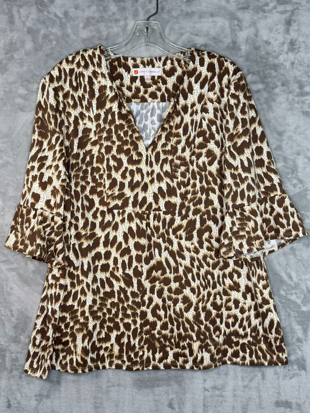 Jude Connally Top Womens Large Leopard Print V Neck 3/4 Bell Sleeve Stretch